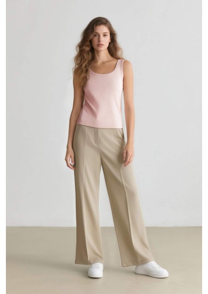 Standart Boy Kumaş Palazzo Pantolon Wide Leg Geniş Bol Paça Basic Düz Yüksek Bel