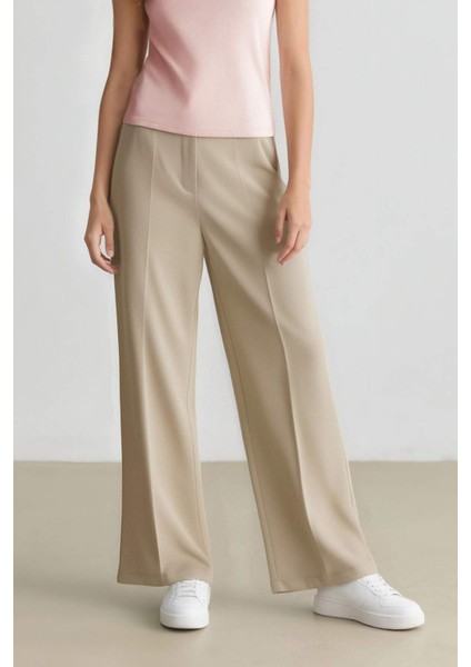 Standart Boy Kumaş Palazzo Pantolon Wide Leg Geniş Bol Paça Basic Düz Yüksek Bel