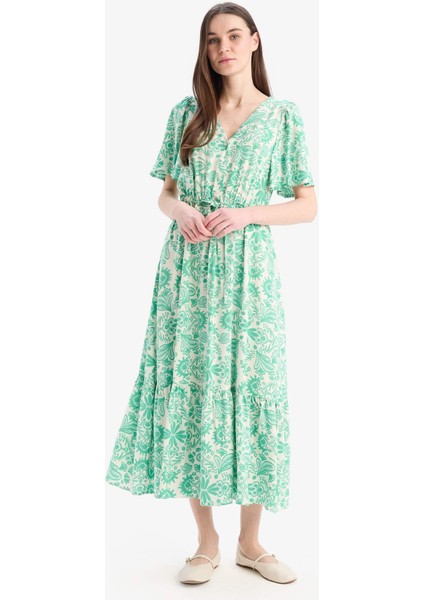 V Yaka Çiçek Desenli Bağcıklı Kısa Kollu Midi Yazlık Elbise D2835AX25SM