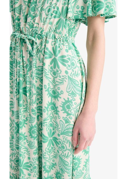 V Yaka Çiçek Desenli Bağcıklı Kısa Kollu Midi Yazlık Elbise D2835AX25SM