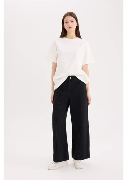 Kısa Geniş Paça Yüksek Bel Crop Jean Yıkamalı Pantolon E3872AX25SP