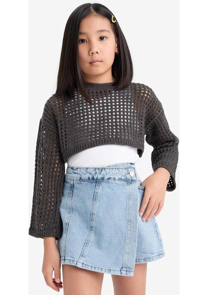 Kız Çocuk Crop Bisiklet Yaka Ajurlu Triko Kazak E4971A825SM