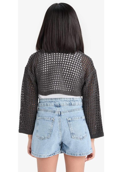 Kız Çocuk Crop Bisiklet Yaka Ajurlu Triko Kazak E4971A825SM