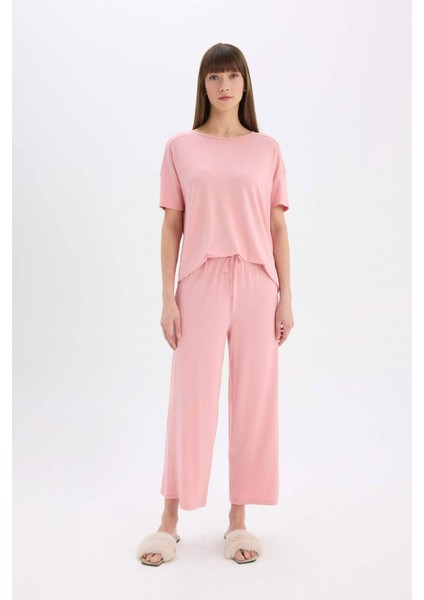 Pijama Takımı Kısa Kollu Üst Beli Lastikli Geniş Paça Alt-Fall in Love D8454AX25SP