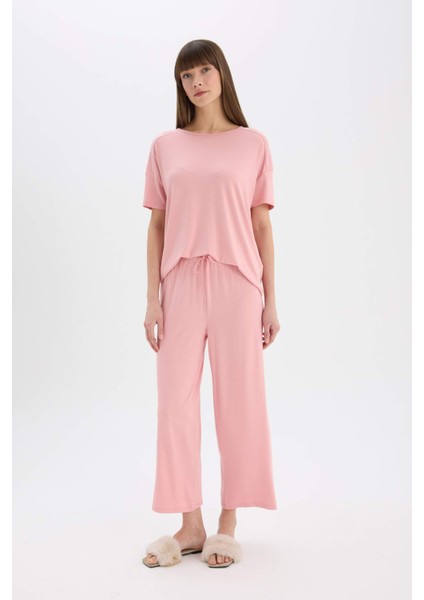 Pijama Takımı Kısa Kollu Üst Beli Lastikli Geniş Paça Alt-Fall in Love D8454AX25SP