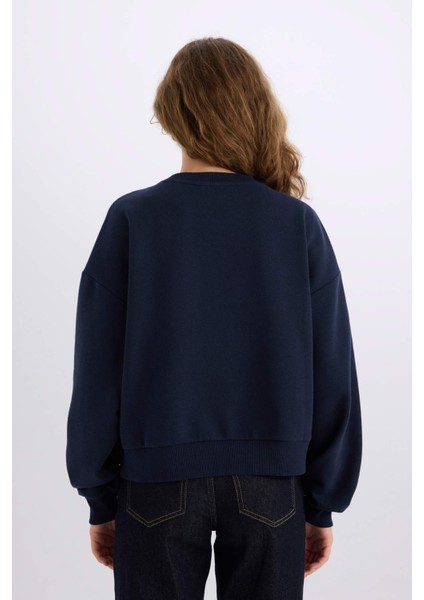 Loose Fit Bisiklet Yaka Baskılı Kalın Sweatshirt E3390AXNS