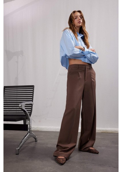 Klasik Kumaş Palazzo Pantolon Wide Leg Geniş Bol Paça Çift Cepli Yüksek Bel Standart Boy Basic Düz D4360AX25SP