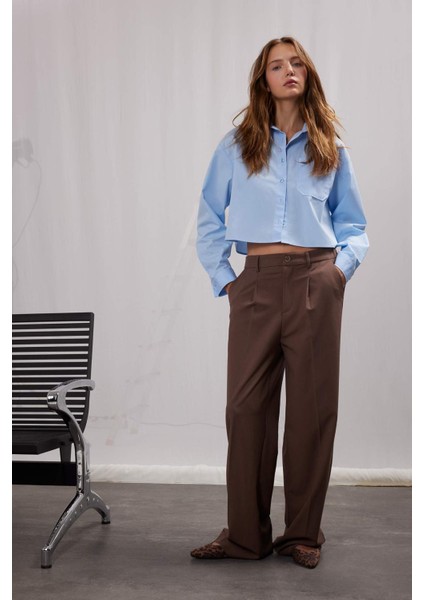 Klasik Kumaş Palazzo Pantolon Wide Leg Geniş Bol Paça Çift Cepli Yüksek Bel Standart Boy Basic Düz D4360AX25SP