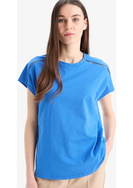 Bisiklet Yaka Flamlı Pamuk Kısa Kollu Tişört E4367AX25SM