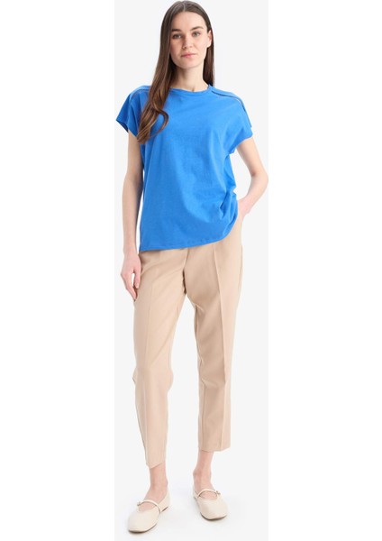 Bisiklet Yaka Flamlı Pamuk Kısa Kollu Tişört E4367AX25SM