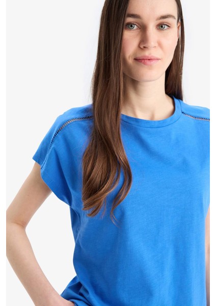 Bisiklet Yaka Flamlı Pamuk Kısa Kollu Tişört E4367AX25SM