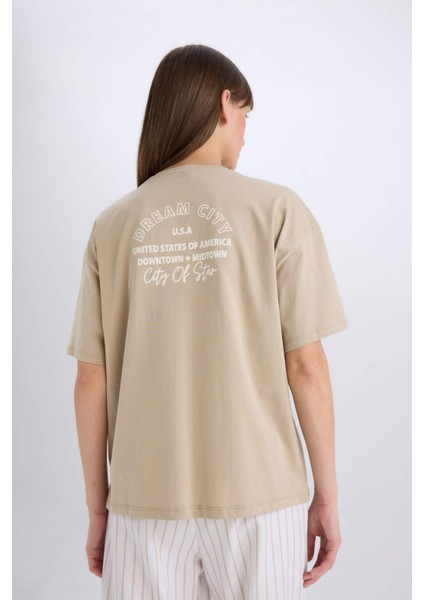 Pijama Takımı Regular Fit Bisiklet Yaka Baskılı Kısa Kollu Üst Çizgili Uzun Alt E3483AX25SP