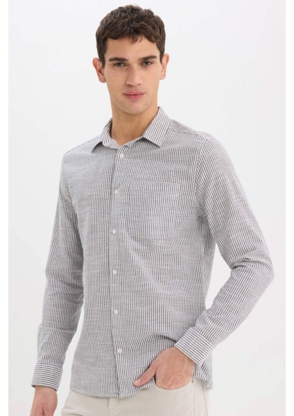 %100 Pamuk Modern Fit Polo Yaka Çizgili Uzun Kollu Gömlek E5046AX25SM