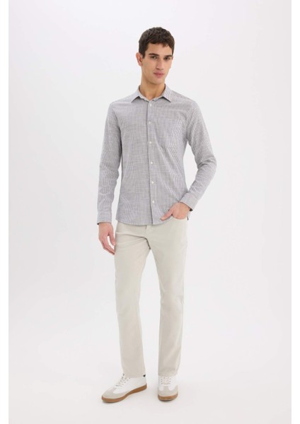 %100 Pamuk Modern Fit Polo Yaka Çizgili Uzun Kollu Gömlek E5046AX25SM