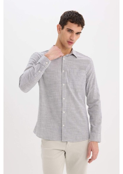 %100 Pamuk Modern Fit Polo Yaka Çizgili Uzun Kollu Gömlek E5046AX25SM