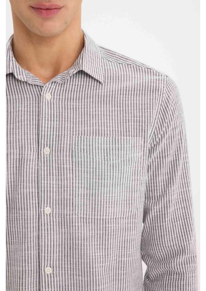 %100 Pamuk Modern Fit Polo Yaka Çizgili Uzun Kollu Gömlek E5046AX25SM