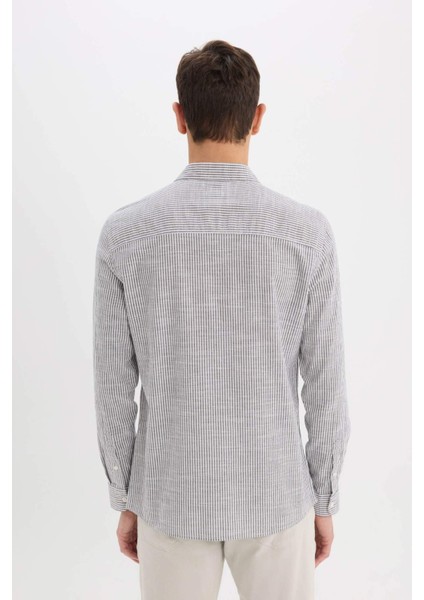 %100 Pamuk Modern Fit Polo Yaka Çizgili Uzun Kollu Gömlek E5046AX25SM