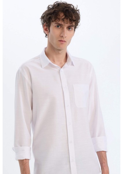Modern Fit Polo Yaka Basic Düz Uzun Kollu Beyaz Gömlek E5045AX25SM