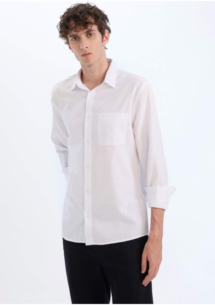 Modern Fit Polo Yaka Basic Düz Uzun Kollu Beyaz Gömlek E5045AX25SM