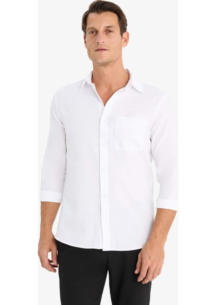 Modern Fit Polo Yaka Basic Düz Uzun Kollu Beyaz Gömlek E5045AX25SM