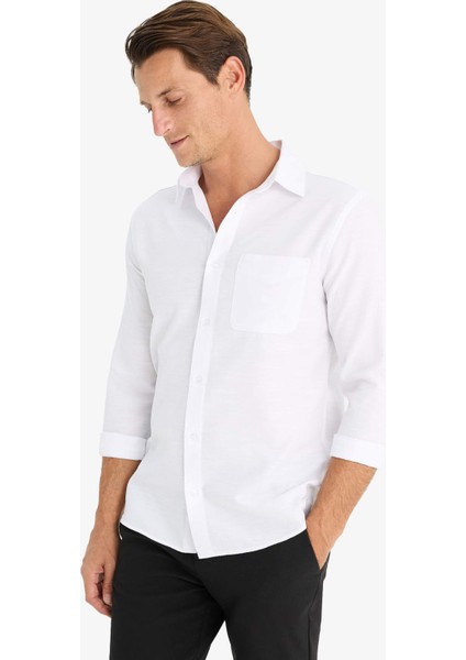 Modern Fit Polo Yaka Basic Düz Uzun Kollu Beyaz Gömlek E5045AX25SM