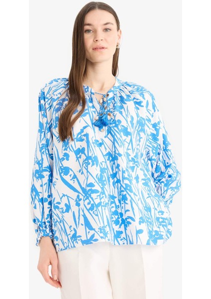 Relax Fit Bağcıklı Yaka Desenli Uzun Kollu Tesettür Gömlek Tunik E1100AX25HS