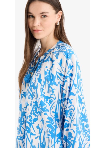 Relax Fit Bağcıklı Yaka Desenli Uzun Kollu Tesettür Gömlek Tunik E1100AX25HS