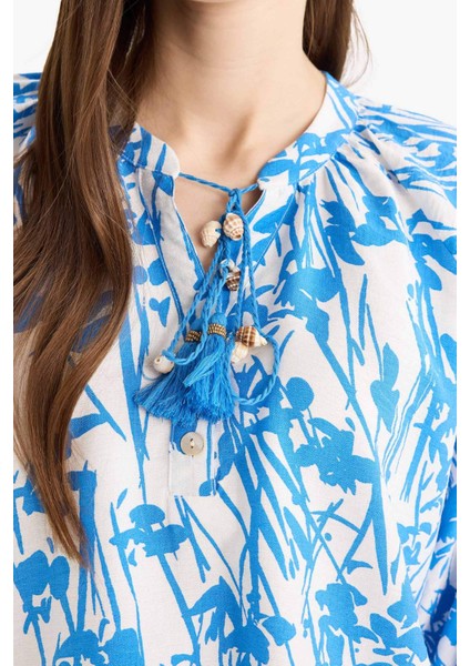 Relax Fit Bağcıklı Yaka Desenli Uzun Kollu Tesettür Gömlek Tunik E1100AX25HS