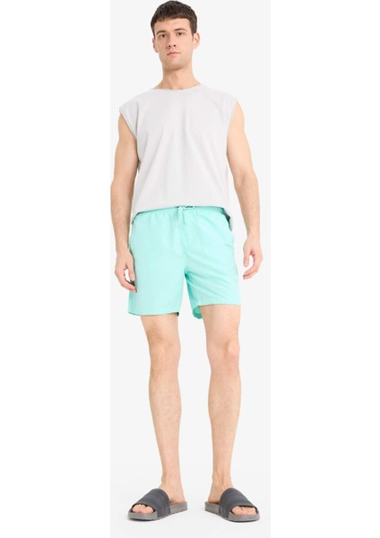 Regular Fit Kısa Boy Cepli File Astarlı Beli Bağcıklı Düz Hafif Kumaş Deniz Şortu E5133AXNS