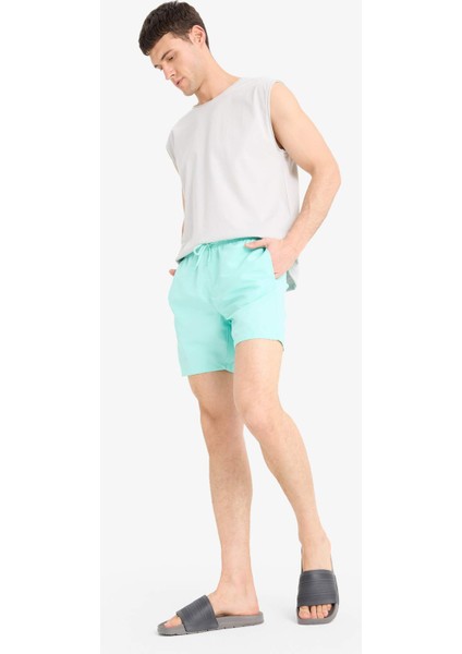 Regular Fit Kısa Boy Cepli File Astarlı Beli Bağcıklı Düz Hafif Kumaş Deniz Şortu E5133AXNS