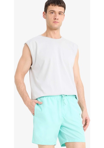 Regular Fit Kısa Boy Cepli File Astarlı Beli Bağcıklı Düz Hafif Kumaş Deniz Şortu E5133AXNS