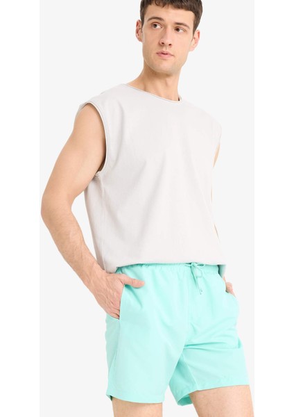 Regular Fit Kısa Boy Cepli File Astarlı Beli Bağcıklı Düz Hafif Kumaş Deniz Şortu E5133AXNS