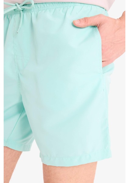 Regular Fit Kısa Boy Cepli File Astarlı Beli Bağcıklı Düz Hafif Kumaş Deniz Şortu E5133AXNS