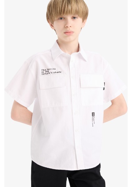 Erkek Çocuk Oversize Geniş Kalıp Polo Yaka Baskılı Poplin Kısa Kollu Gömlek E5034A825SM