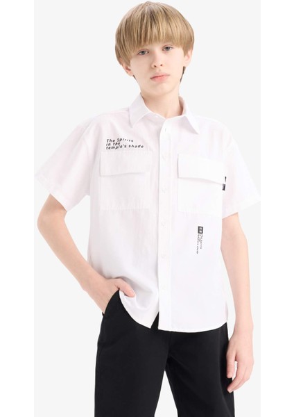 Erkek Çocuk Oversize Geniş Kalıp Polo Yaka Baskılı Poplin Kısa Kollu Gömlek E5034A825SM