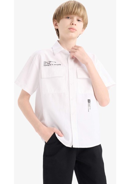 Erkek Çocuk Oversize Geniş Kalıp Polo Yaka Baskılı Poplin Kısa Kollu Gömlek E5034A825SM