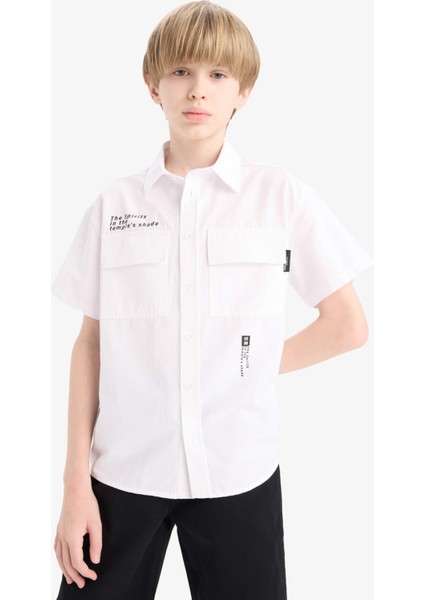 Erkek Çocuk Oversize Geniş Kalıp Polo Yaka Baskılı Poplin Kısa Kollu Gömlek E5034A825SM