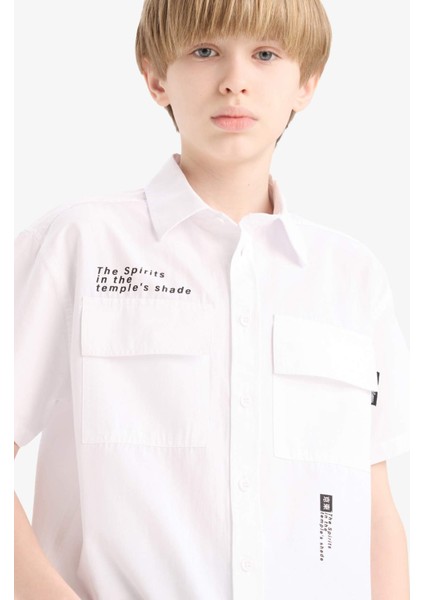 Erkek Çocuk Oversize Geniş Kalıp Polo Yaka Baskılı Poplin Kısa Kollu Gömlek E5034A825SM