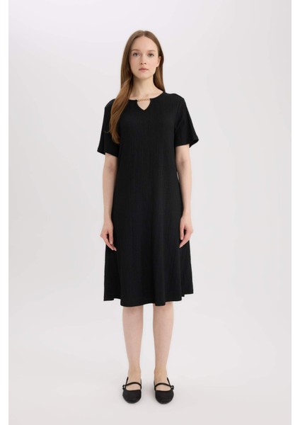 Regular Fit Apaş Yaka Basic Düz Bürümcük Kısa Kollu Midi Yazlık Elbise D3834AX25SM