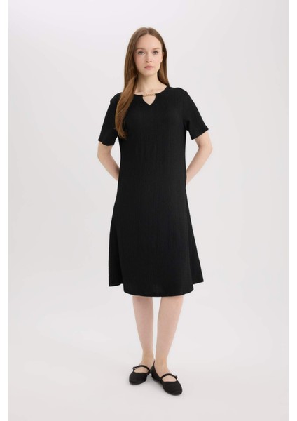 Regular Fit Apaş Yaka Basic Düz Bürümcük Kısa Kollu Midi Yazlık Elbise D3834AX25SM