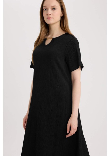 Regular Fit Apaş Yaka Basic Düz Bürümcük Kısa Kollu Midi Yazlık Elbise D3834AX25SM