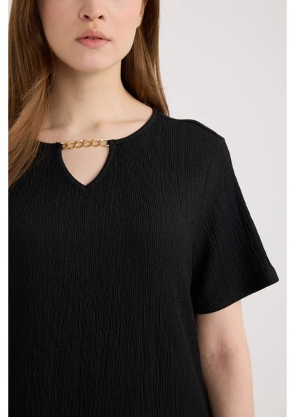 Regular Fit Apaş Yaka Basic Düz Bürümcük Kısa Kollu Midi Yazlık Elbise D3834AX25SM