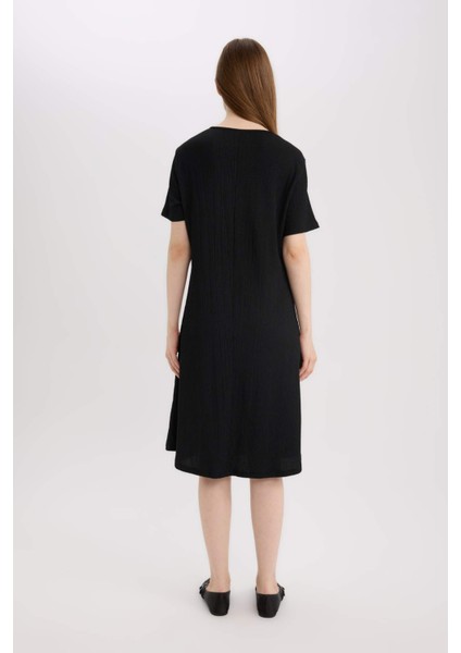 Regular Fit Apaş Yaka Basic Düz Bürümcük Kısa Kollu Midi Yazlık Elbise D3834AX25SM