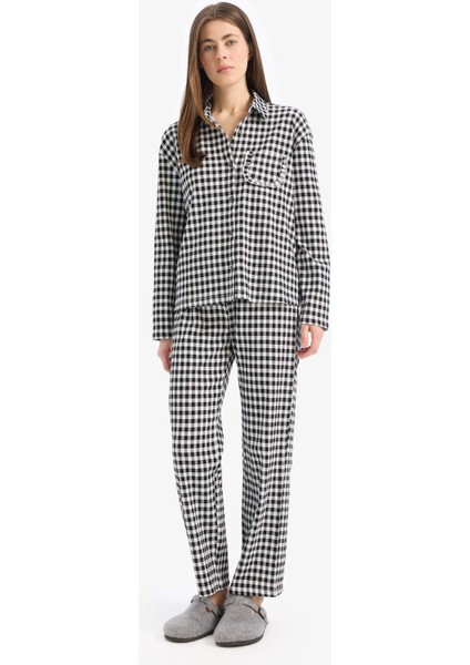 Pijama Takımı Kareli Uzun Kollu Üst Beli Lastikli Uzun Alt-Fall in Love E3464AX25SP