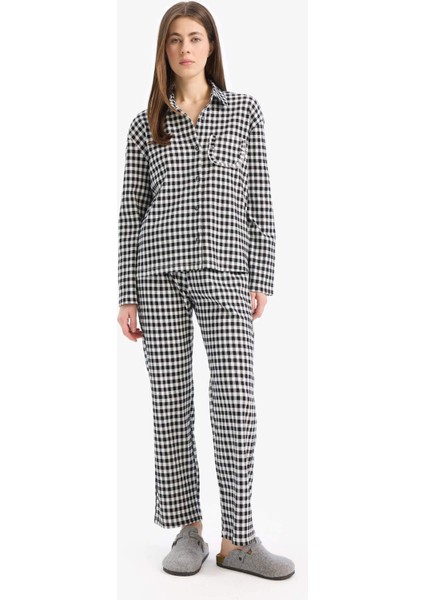 Pijama Takımı Kareli Uzun Kollu Üst Beli Lastikli Uzun Alt-Fall in Love E3464AX25SP