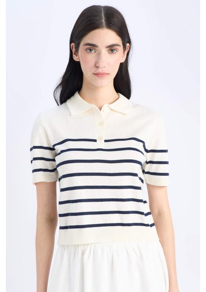 Regular Fit Polo Yaka Çizgili Kısa Kollu Triko Tişört C4402AX25SP