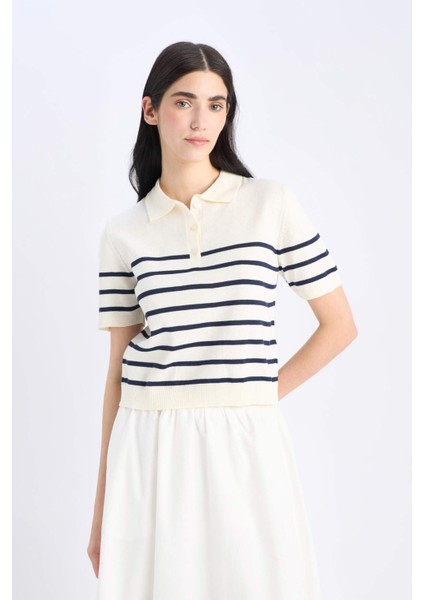 Regular Fit Polo Yaka Çizgili Kısa Kollu Triko Tişört C4402AX25SP