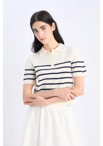 Regular Fit Polo Yaka Çizgili Kısa Kollu Triko Tişört C4402AX25SP