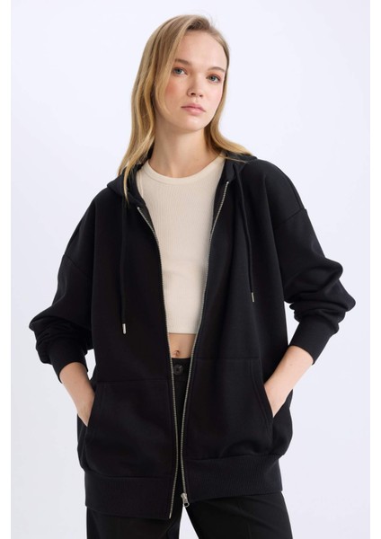 Oversize Geniş Kalıp Kapüşonlu Cepli Basic Düz Fermuarlı Sweatshirt V4233AZ25SP