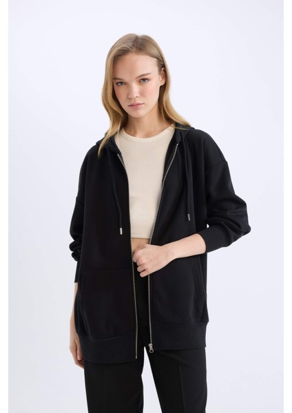 Oversize Geniş Kalıp Kapüşonlu Cepli Basic Düz Fermuarlı Sweatshirt V4233AZ25SP